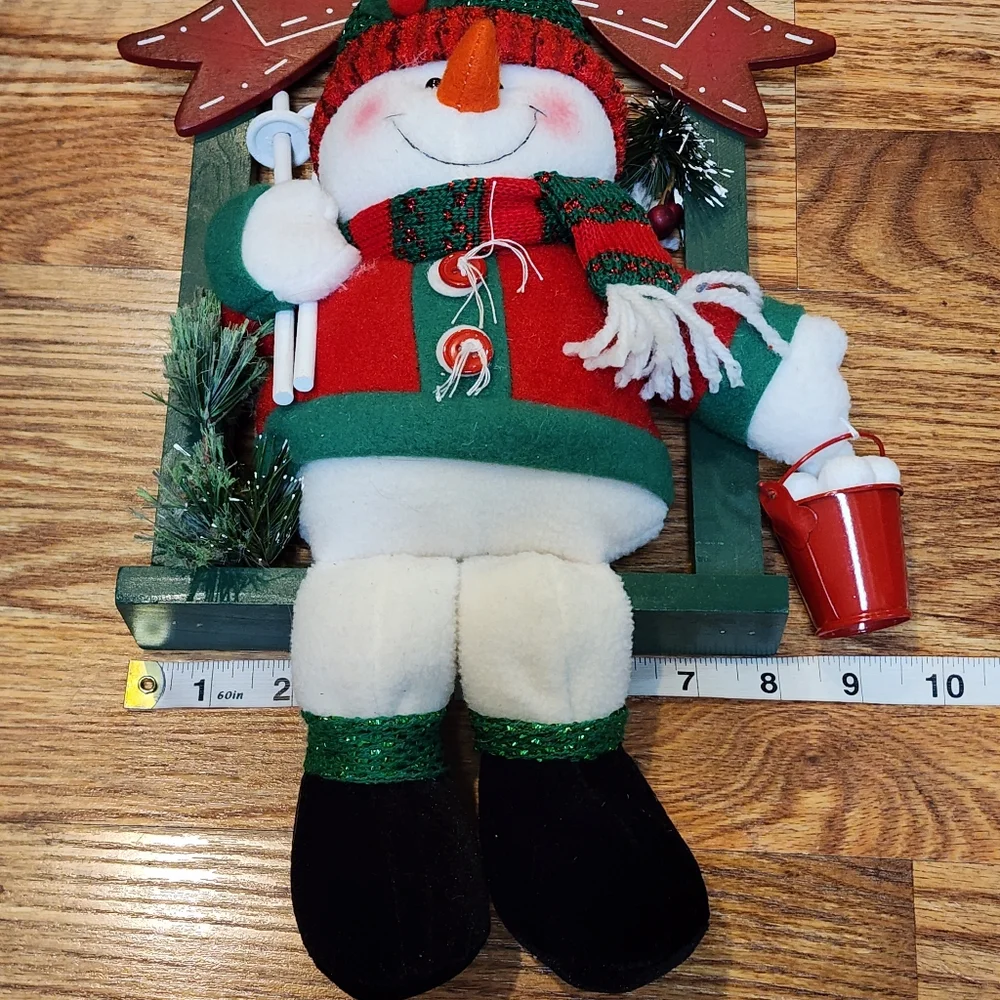 Red and Green Wood Wall Or Shelf Decor Plush Snowman With Pail Of Snowballs